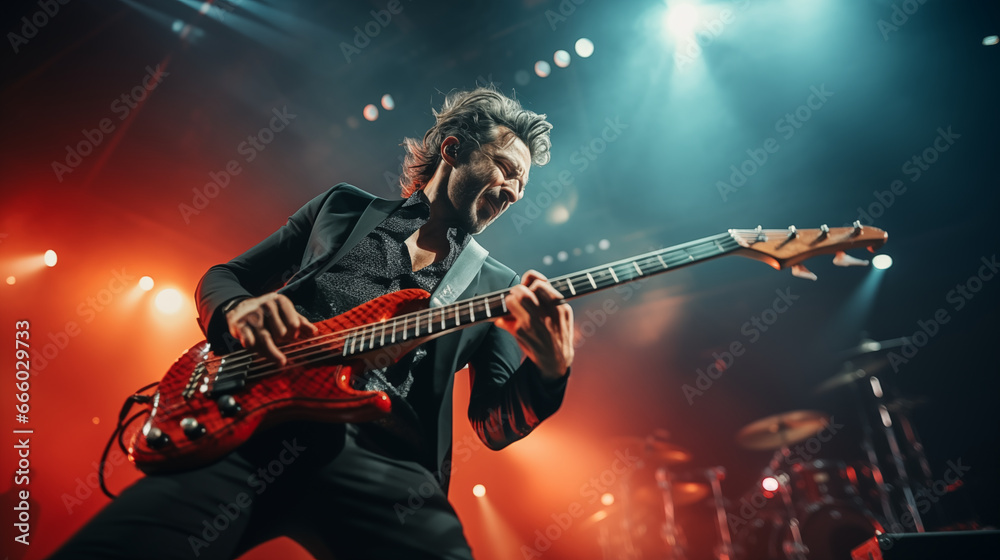 Obraz premium Capture the bassist during a dynamic solo, with fingers flying over the strings, rock concert, blurred background