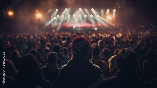 Frame the concert crowd in a wide shot, emphasizing the scale of the event, with the stage as a focal point, rock concert, blurred background, with copy space