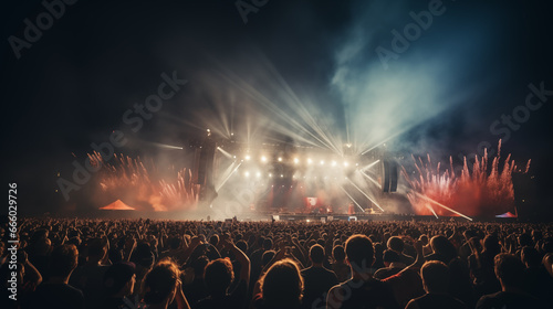 Frame the concert crowd in a wide shot, emphasizing the scale of the event, with the stage as a focal point, rock concert, blurred background, with copy space