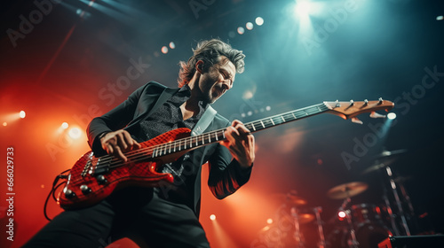 Capture the bassist during a dynamic solo, with fingers flying over the strings, rock concert, blurred background