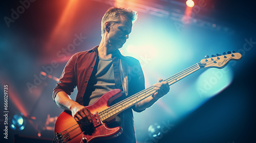Capture the bassist during a dynamic solo, with fingers flying over the strings, rock concert, blurred background, with copy space