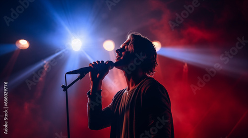 Capture the lead singer bathed in a spotlight, with a dramatic contrast of light and shadow, rock concert, blurred background, with copy space