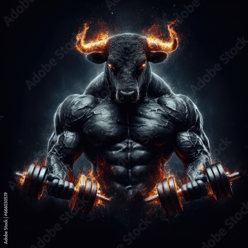 Bull Bodybuilder with fires around his body, dark background, illustration