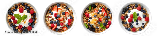 Bowl of homemade granola with yogurt and fresh berries, top view with transparent background, smooth blur edge, Generative AI