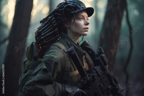 Science fiction female soldier in war gear with a rifle in a misty forest © Schizarty