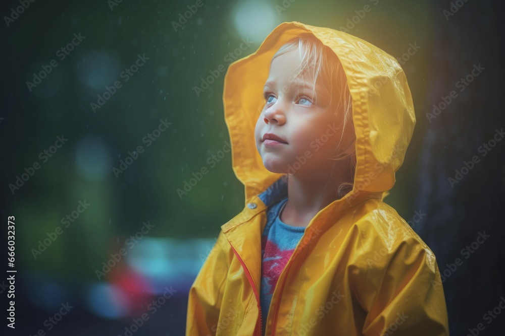 Fototapeta premium Lovely little child walking in park. Adorable blond kid wearing yellow raincoat. Generate ai