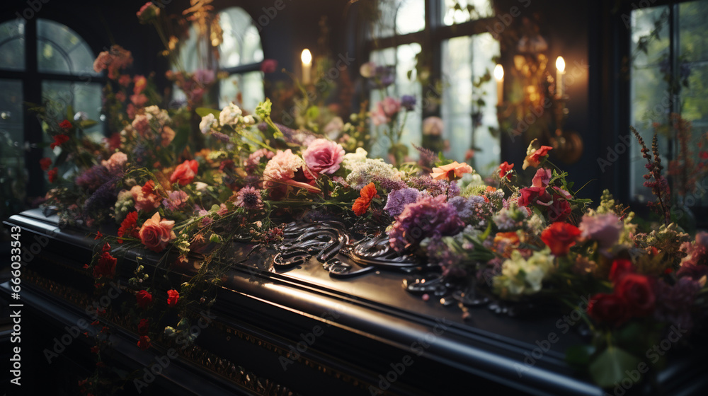 Coffins and flowers.