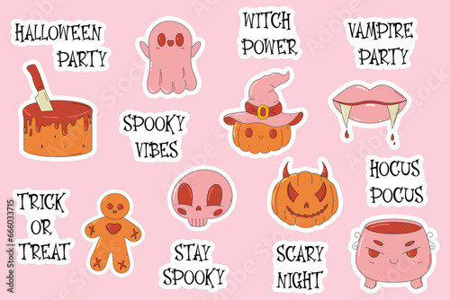 Cute and creepy cartoon characters on trendy groovy style. Funky Halloween retro stickers set. Skull, cauldron, evil gingerbread, cake, pumpkin, ghost, vampire lips.