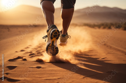 athlete prepares for the marathon in the middle of the desert, extreme weather, training in sand and dust, running