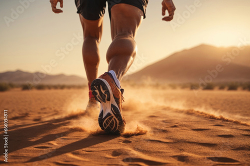 athlete running in the desert, hot temperature