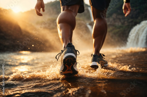muscular legs running in muddy water, sunrise nature in the background, splashing water