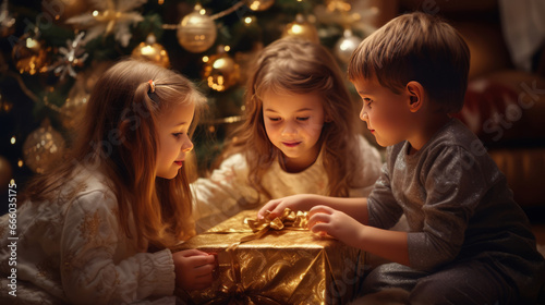 Winter holidays concept. Generative AI. Two little European girls and one boy open a gift box sitting next to a Christmas tree in a cozy home interior.
