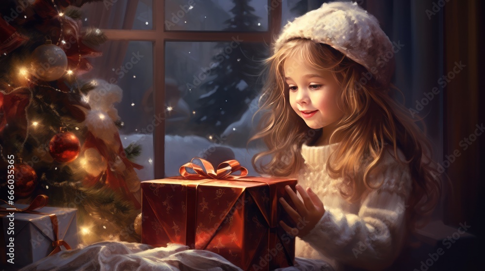 Winter holidays concept. Generative AI. One little European girl opens a gift box sitting next to a Christmas tree in a cozy home interior.