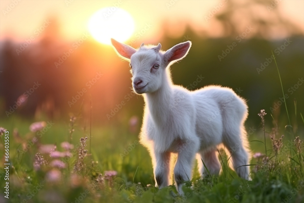 Domestic grass goat rural animals farming landscape sun cute green sunset