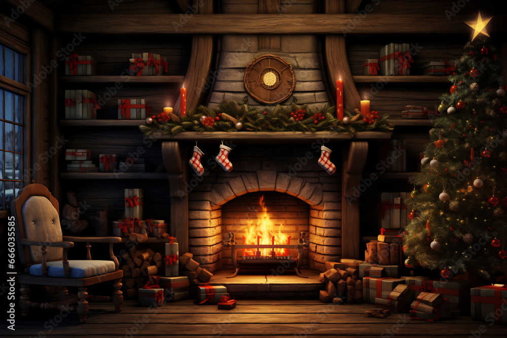Warm cozy Christmas fireplace in a festive interior of a log cabins with wooden walls. Decorated Christmas tree with ornament and gifts