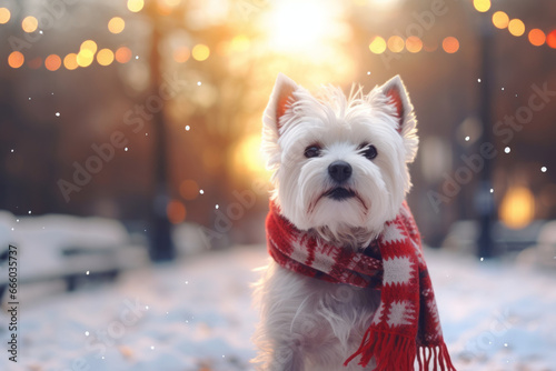 Cute fluffy white dog wearing funny knitted scarf in snowy winter park on sunny evening.