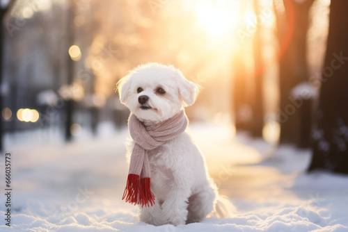 Cute fluffy white dog wearing funny knitted scarf in snowy winter park on sunny evening.
