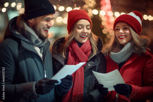 Foto Three cheerful friends doing door-to-door carol singing on Christmas eve