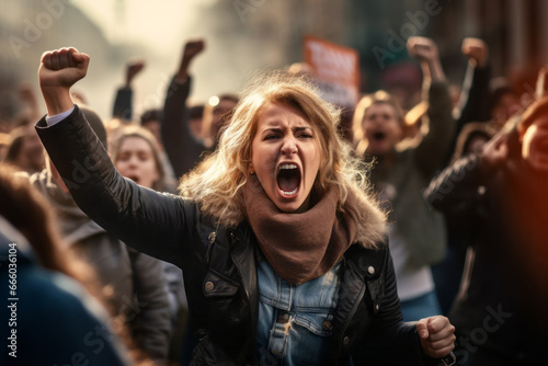 Young woman yelling and shouting in a crowd of protesters. Activists protesting on the street. People publicly demonstrating opposition. Gloomy city scenery.