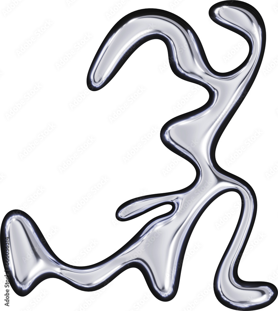 3d chrome metal organic fluid shape. Abstract liquid mercury metallic icon. 3d rendering aluminum gradient shape design element isolated on white background. Brutalist futuristic style
