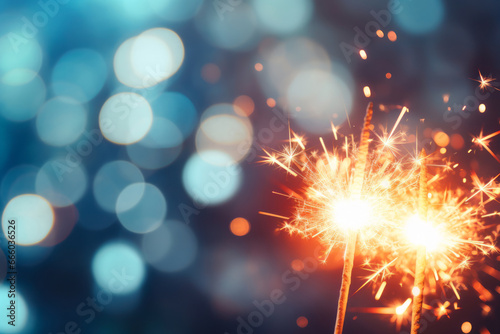 Glittering burning sparklers against blurred colorful bokeh background. Celebrating Christmas and New Year s Eve.