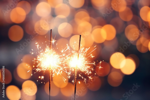 Glittering burning sparklers against blurred colorful bokeh background. Celebrating Christmas and New Year's Eve.