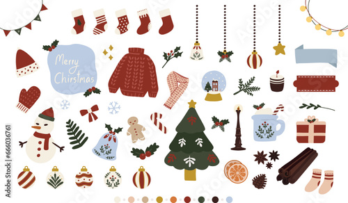 hand drawn vector flat illustration of a set of winter christmas holiday vibe sticker pack. Cute hygge motif elements doodle collection in flat style. for winter poster, card, scrapbooking, invitation