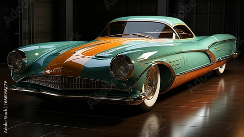 the classic luxury car in green, orange and white colors