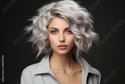 beautiful woman with grey hear on clean background created with Generative AI technology