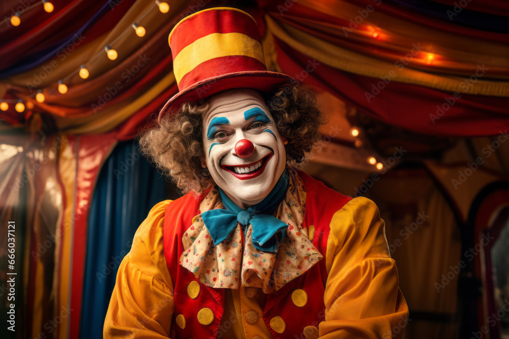 Cheerful clown wearing funny colorful clothes and a hat on a backdrop of circus tent.