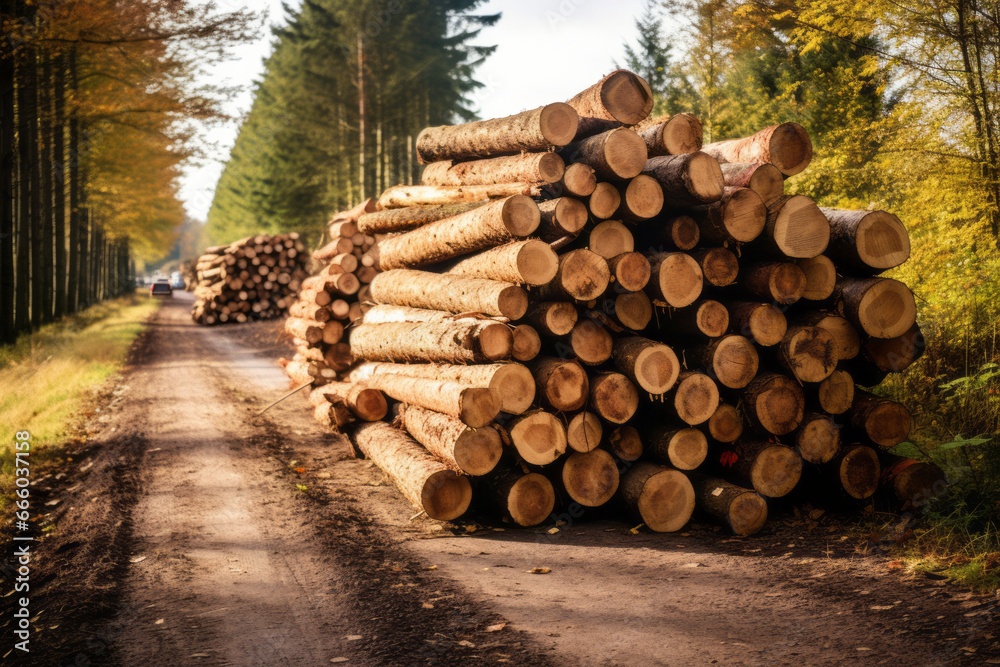 Log spruce trunks pile. Sawn trees from the forest. Logging timber wood industry. Cut trees along a road prepared for removal.