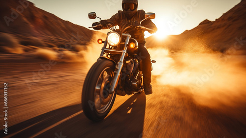 Custom motorbike biker rider on blurred desert road