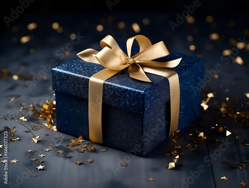 Elegant dark blue gift box adorned with a gold ribbon, setting the stage for a special holiday or birthday sentiment