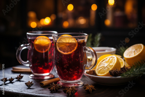 Fresh mulled wine on a wooden table on a backdrop of Christmas lights. Traditional hot Christmas drink served with spices and citrus fruits. Celebrating festive holidays.
