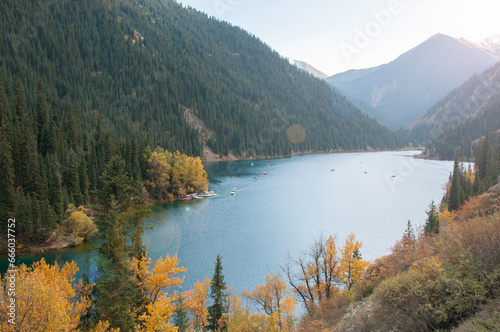 Fototapeta Naklejka Na Ścianę i Meble -  Landscape autumn view of mountain lake Kolsai or Kolsay in the Republic of Kazakhstan