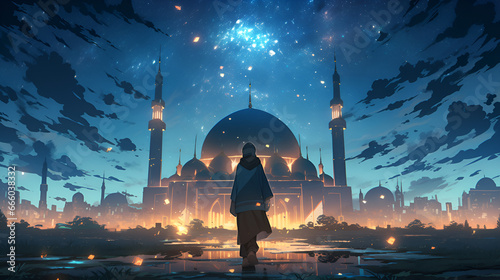 girl walks towards a mosque at night with fireflies around him , anime style photo