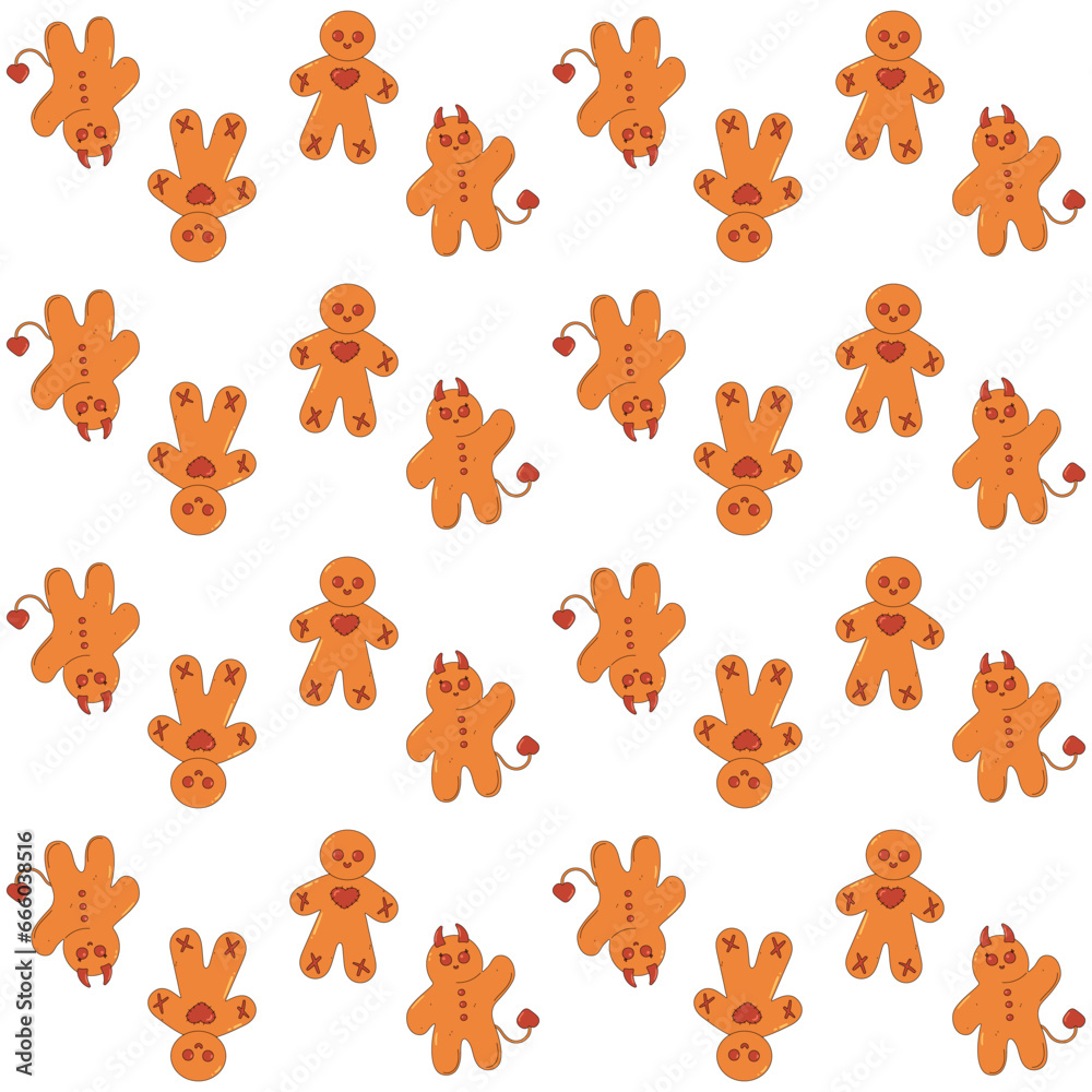 Fototapeta premium Cute and creepy Halloween character. Groovy retro cartoon evil gingerbread. Zombie demon cookie mascot. Spooky seamless pattern.