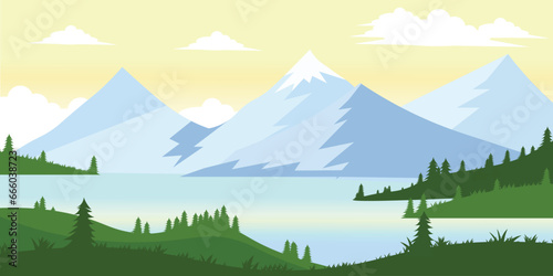 Illustration of a mountain view in the morning with bright shades
