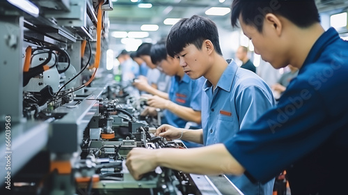 Asian workers in uniform diligently working with safety measures in a technology production factory setting