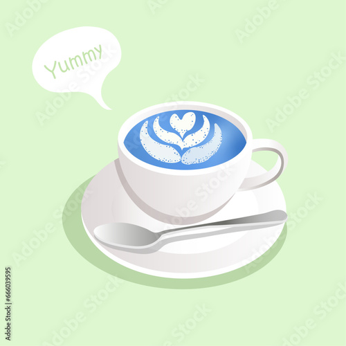 Blue matcha tea with milk , drinks,cup of matcha with spoon , breakfast
