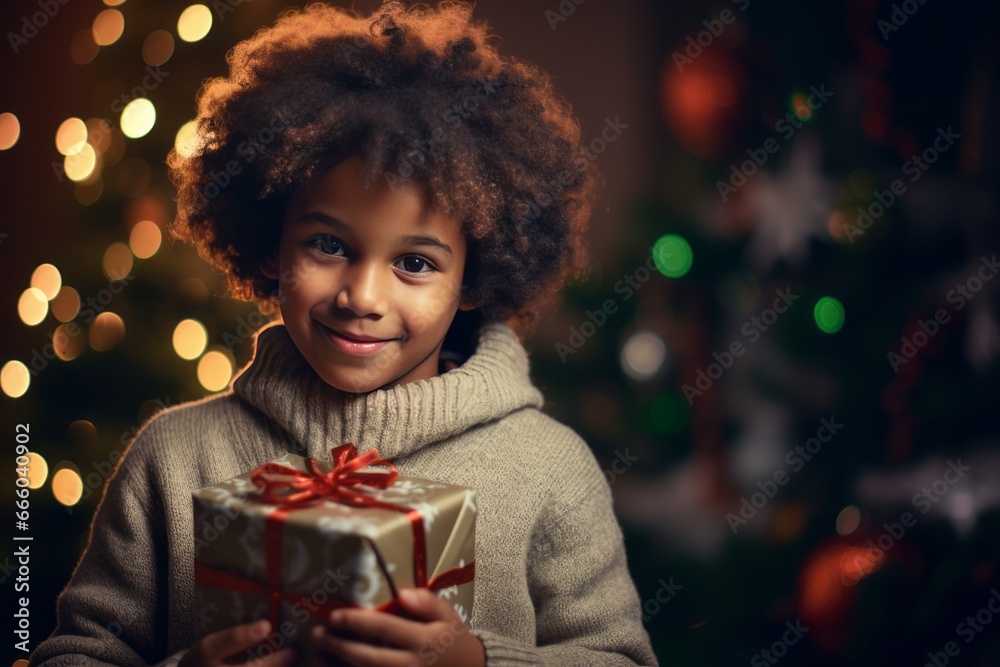 Winter holidays concept. Generative AI. One little curly haired African American black boy holds a gift box with big bow sitting near the Christmas tree in a cozy home interior. Winter holidays concept. Generative AI. One little curly haired African American black boy holds a gift box with big bow sitting near the Christmas tree in a cozy home interior.