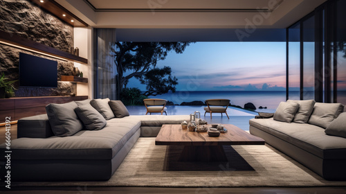Coastal style home interior design of modern living room. Generative Ai © Witri