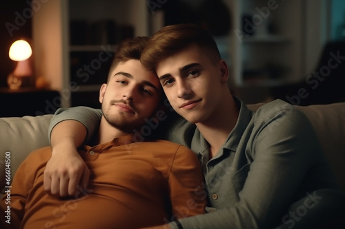 Male Couple Cuddling on Sofa in The Evening