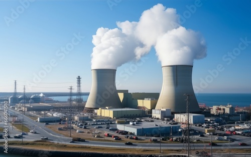 Cooling towers of Nuclear Power Station. Nuclear power plant and blue clean skies.