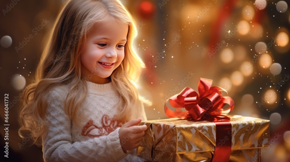Winter holidays concept. Generative AI. One little European girl opens a gift box sitting next to a Christmas tree in a cozy home interior.