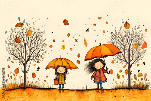 Drawing of kids in autumn setting. Postcard design