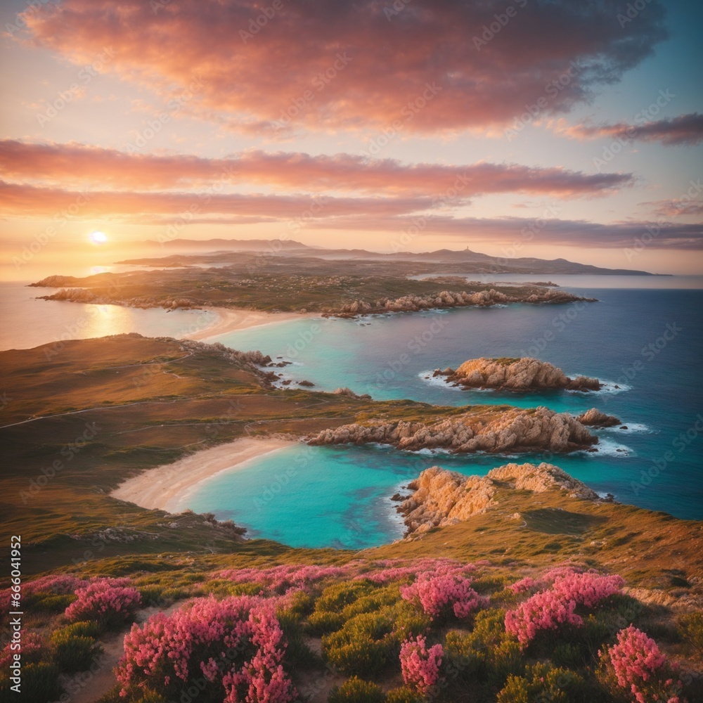 Beautiful spring scenery. Colorful morning scene of Sardinia, Italy, Europe. Fantastic sunrise on Del Sinis peninsula. Picturesque seascape of Mediterranean sea. Digital artwork sunset on the beach