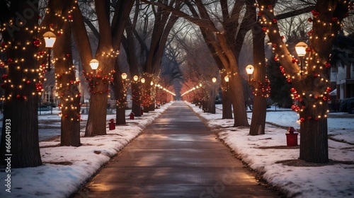 Strolling through a neighborhood aglow with holiday lights photo