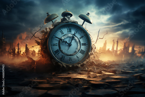 An alarm clock heralds a doomsday climax while depicting the apocalyptic cataclysm marking the deadline of the end of time's final countdown, Generative AI stock illustration image photo