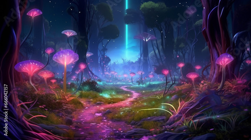 Colorful bioluminescence plants in forest  crystals and glowing path  fireflies. Generative Ai